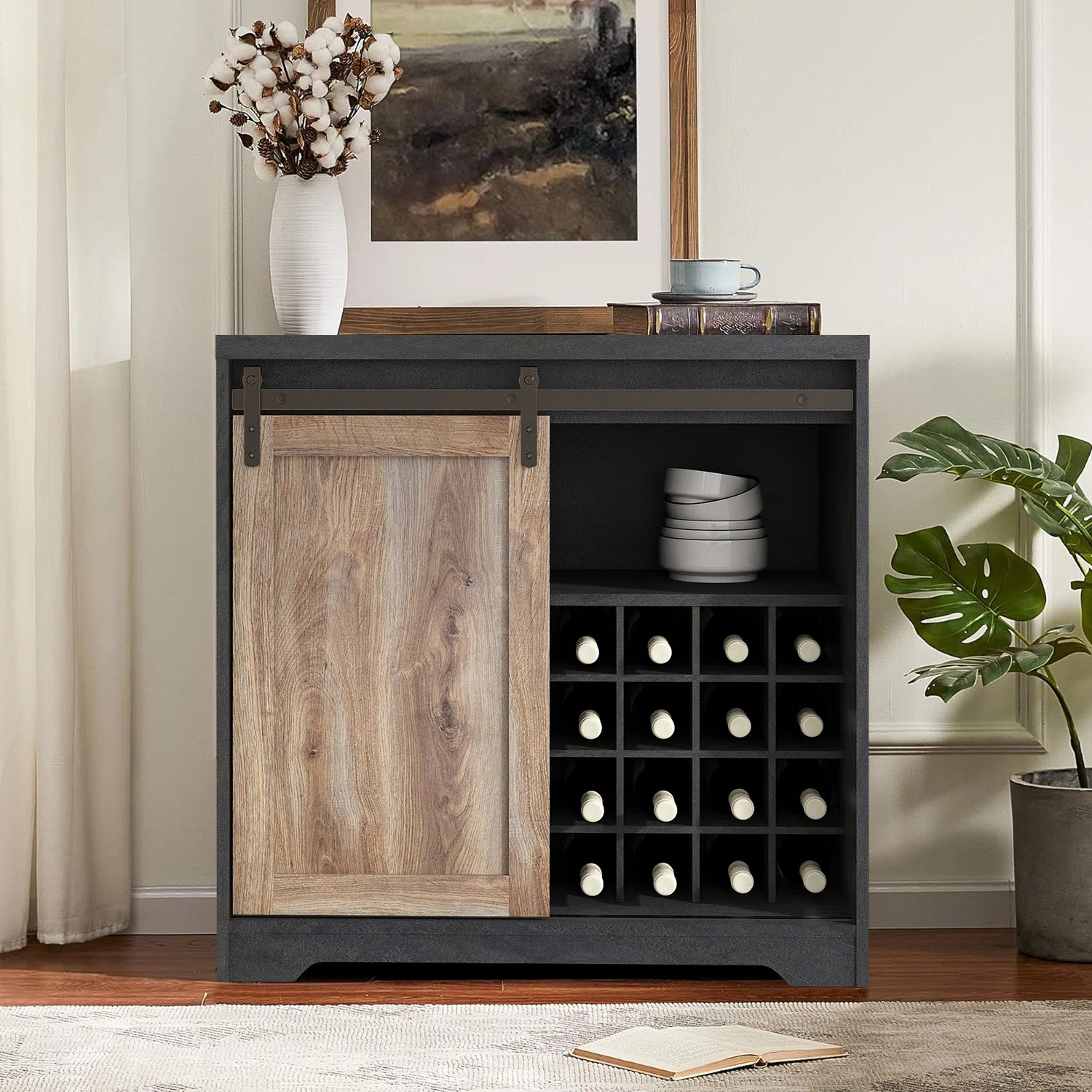 Gracie Oaks Nesanel Vintage Style Bar Cabinet with Barn Door and Wine Bottle Storage Compartment,... | Wayfair North America