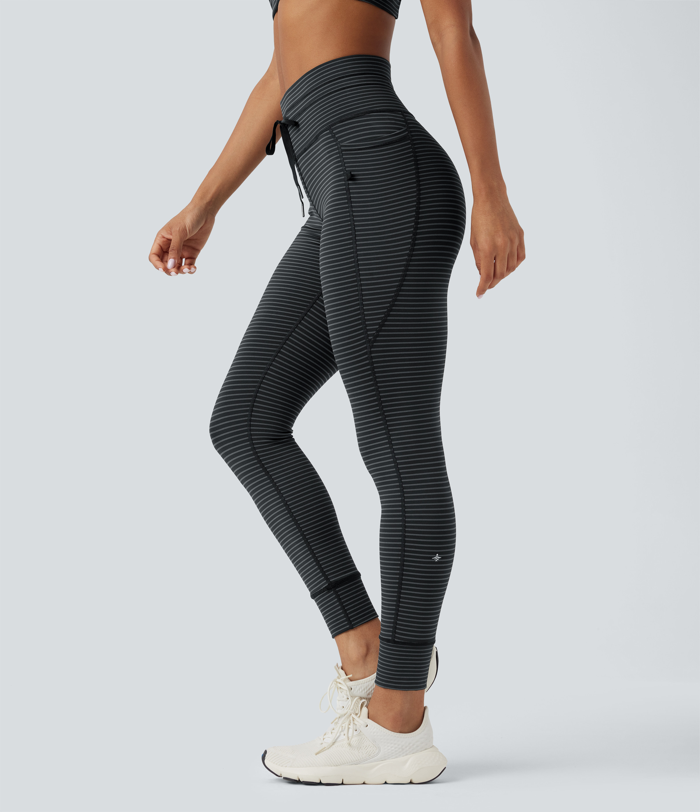Halara High Waisted Drawstring Striped Yoga Leggings with Pockets - Steel Stripe - XS(7/8) gym leggings leggings with pockets | HALARA