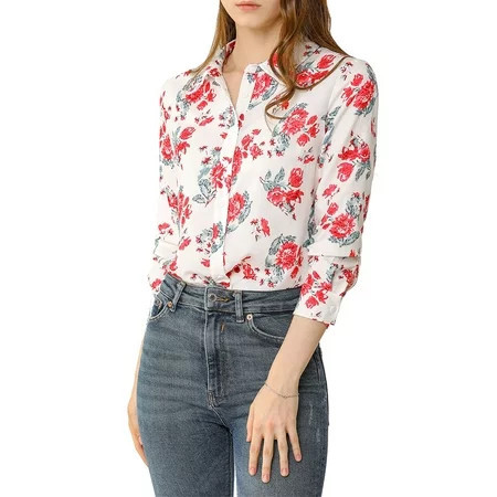 INSPIRE CHIC Women s Long Sleeve Button Up Casual Floral Shirts M White | Walmart (US)