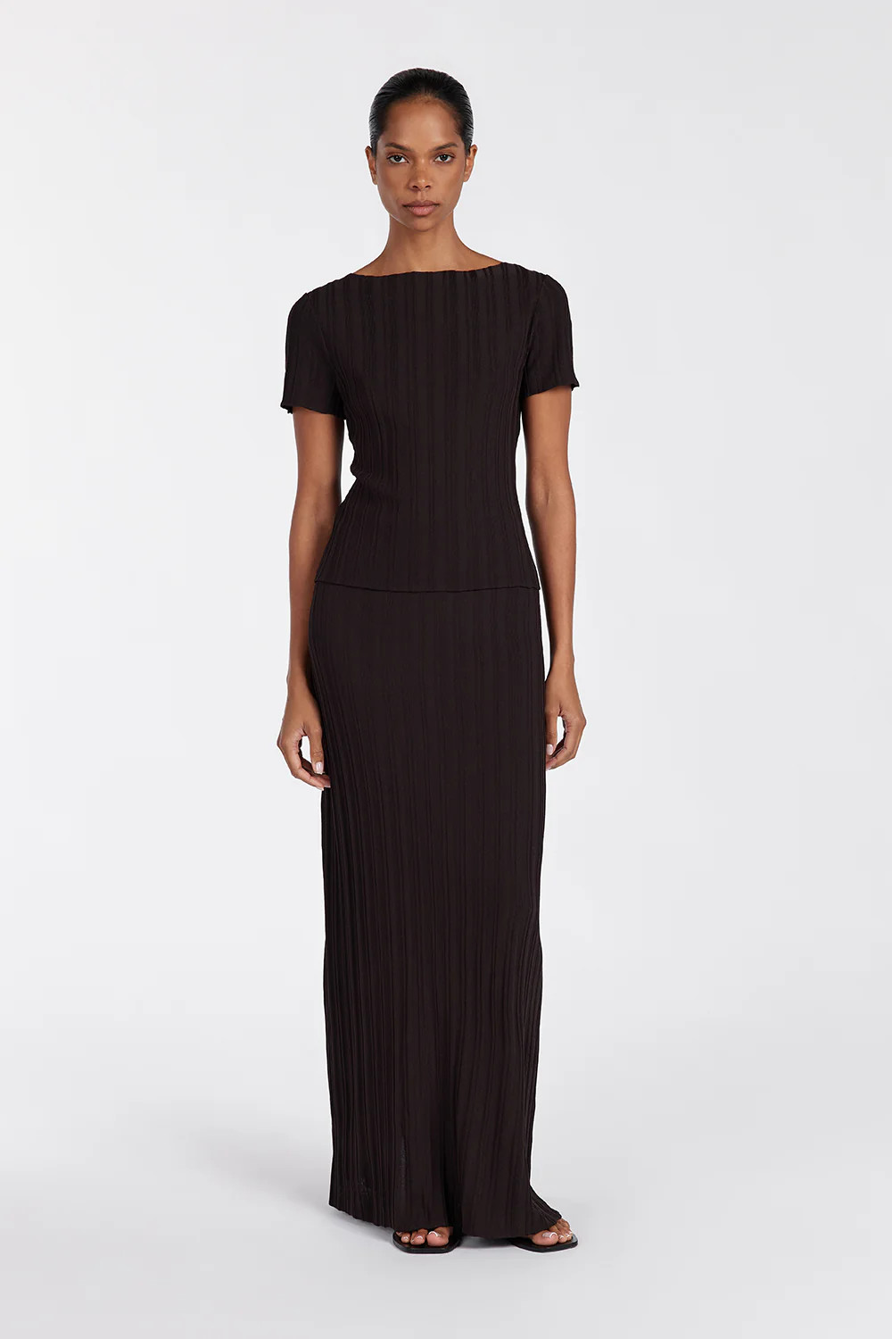 SYLVIA BITTER CHOC KNIT MIDI SKIRT | DISSH