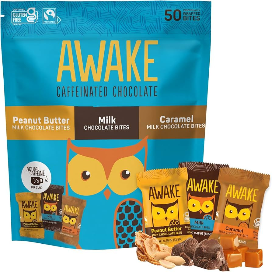 AWAKE - Caffeinated Chocolate Bites - Variety Pack (3 Flavors), 50 Bites - Peanut Butter, Milk, &... | Amazon (US)