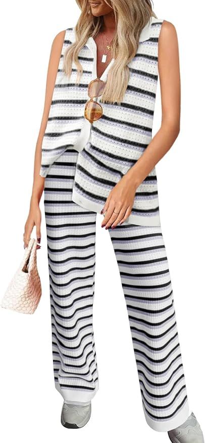 Tankaneo Womens Sleeveless Striped Pajama Sets Color Block Crochet Knit Button Top Pants 2 Piece ... | Amazon (US)