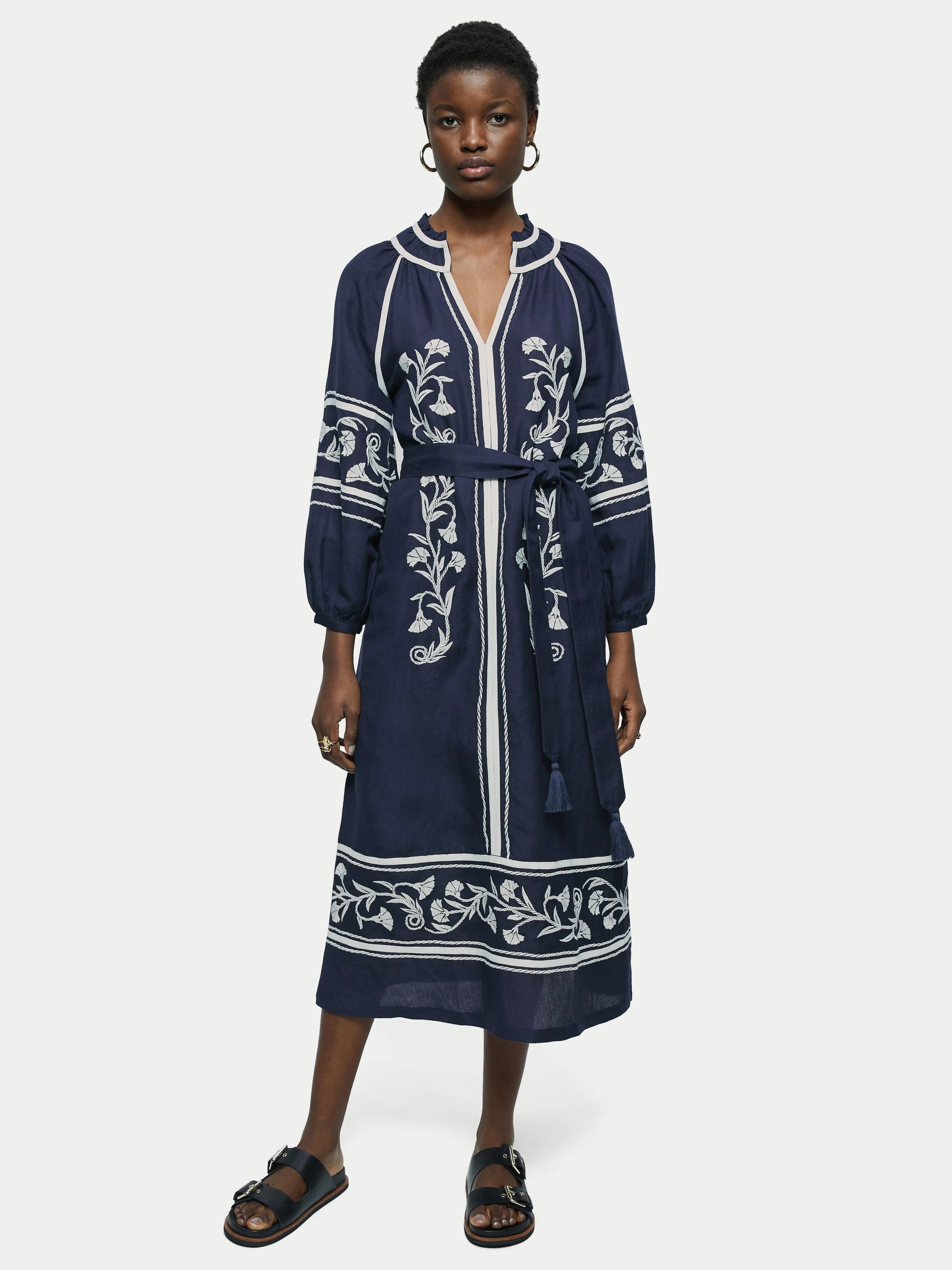 Linen-blend Embroidery Maxi Dress | Navy | Jigsaw (UK)