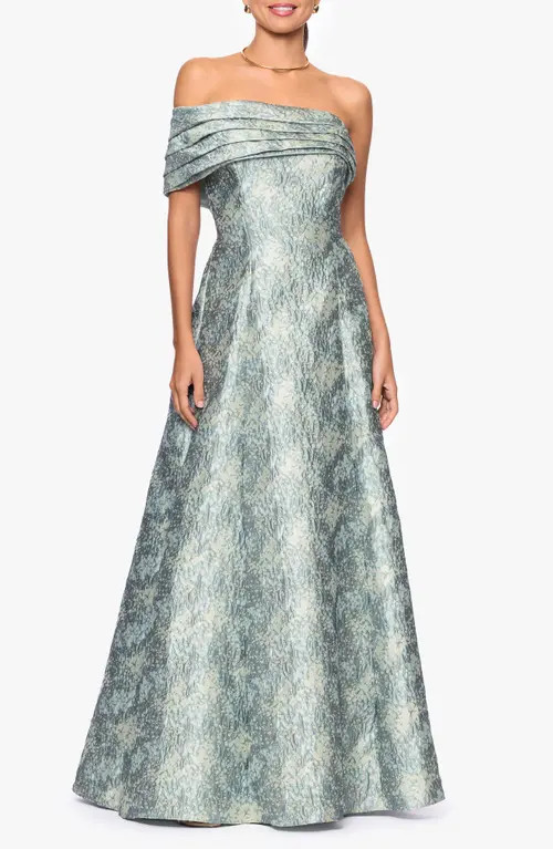 Betsy & Adam Floral Brocade Off the Shoulder Gown in Sage/ivory at Nordstrom, Size 6 | Nordstrom