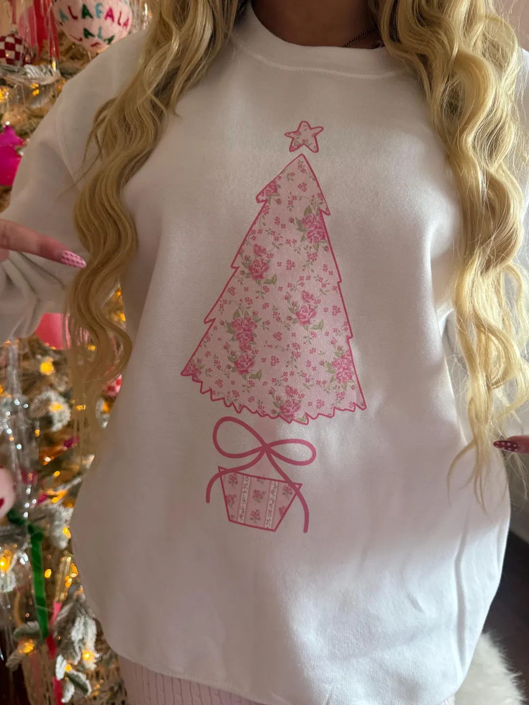 white christmas tree sweatshirt- christmas- coquette style -  shabby chic - pink - girly - floral | Etsy (US)