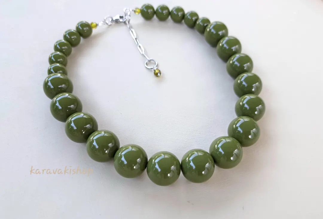 Olive Green Chunky Bead Necklace, Army Green Retro Adjustable Statement Jewelry - Etsy | Etsy (US)