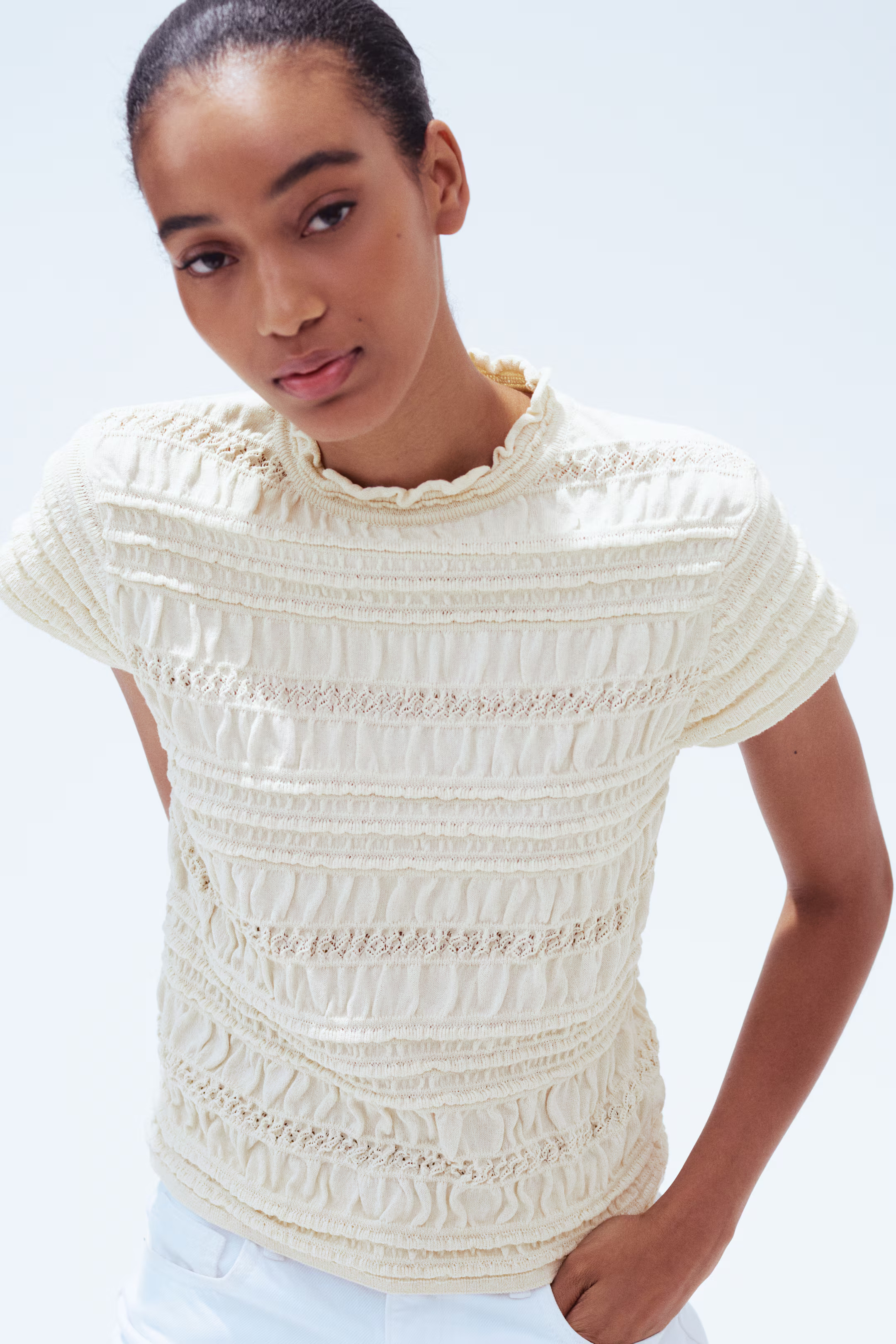 Smocked pointelle-knit top | H&M (UK, MY, IN, SG, PH, TW, HK)