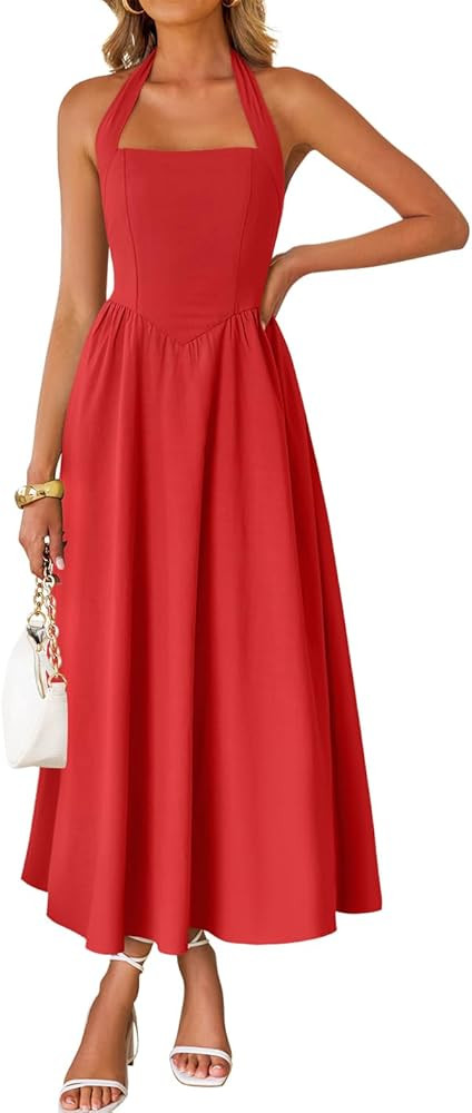 ZESICA Women's Summer Sleeveless Halter Midi Dress 2026 Off Shoulder High Waist Flowy Formal Wedd... | Amazon (US)