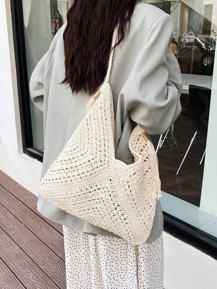 Large Capacity Portable Crochet Bag Tassel Decoration Cutout Crochet Beach Medium Tote Bag With H... | SHEIN