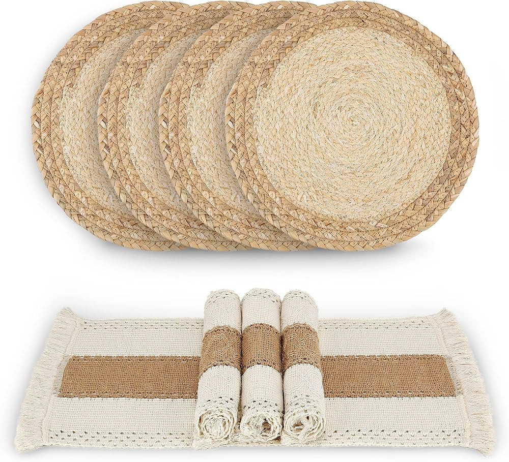 Handmade Boho Placemats Set of 4 - Natural Cotton Burlap and Water Straw Woven Combination Table ... | Amazon (US)