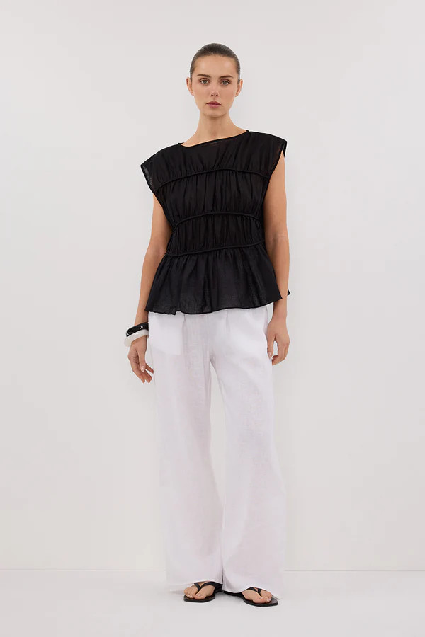 FLYNN BLACK LINEN TIERED TOP | DISSH