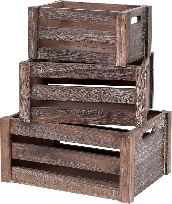 Set of 3 Nesting Wooden Crates, Small Rustic Farmhouse Wood Storage Boxes with Handles, Stackable... | Amazon (US)