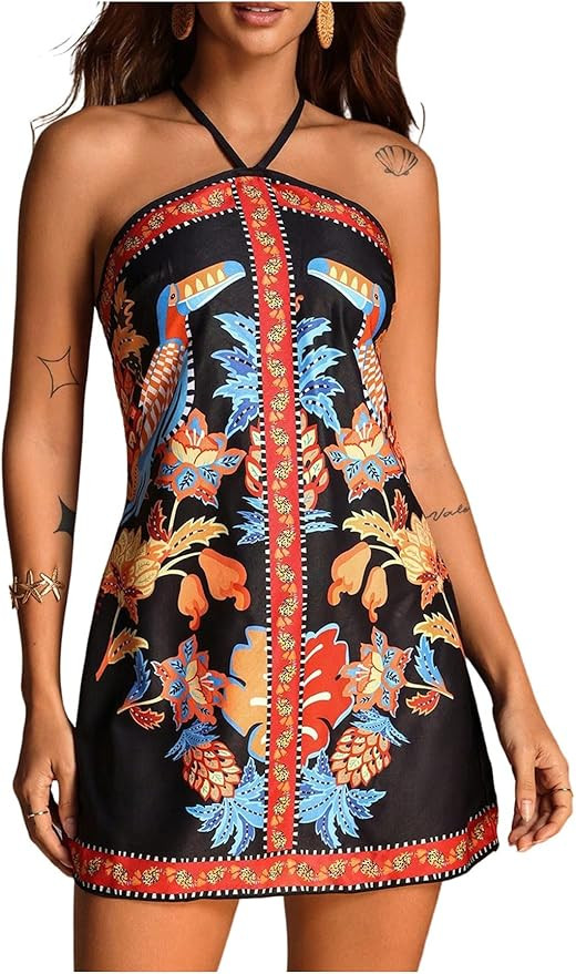 Women's Floral Boho Dress Criss Cross Tie Backless Mini Dresses Halter A Line Sundress | Amazon (US)