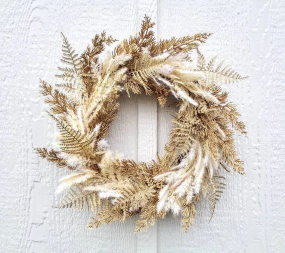 Gold Pampas and Fern Wreath Boho Chic Wall Decor Neutral - Etsy | Etsy (US)