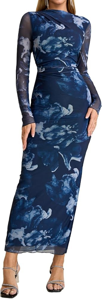 XinFSh Women's Fall Long Sleeve Bodycon Maxi Dress Mesh Ruched Formal Wedding Guest Cocktail Dres... | Amazon (US)