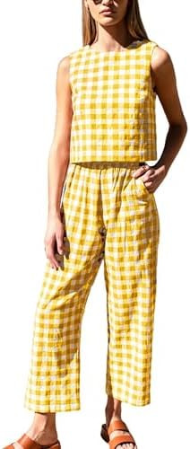 Gozoloma Women's Gingham 2 Piece Set Tank Top and Loose Fit Pants with Pockets Casual Summer Matc... | Amazon (US)