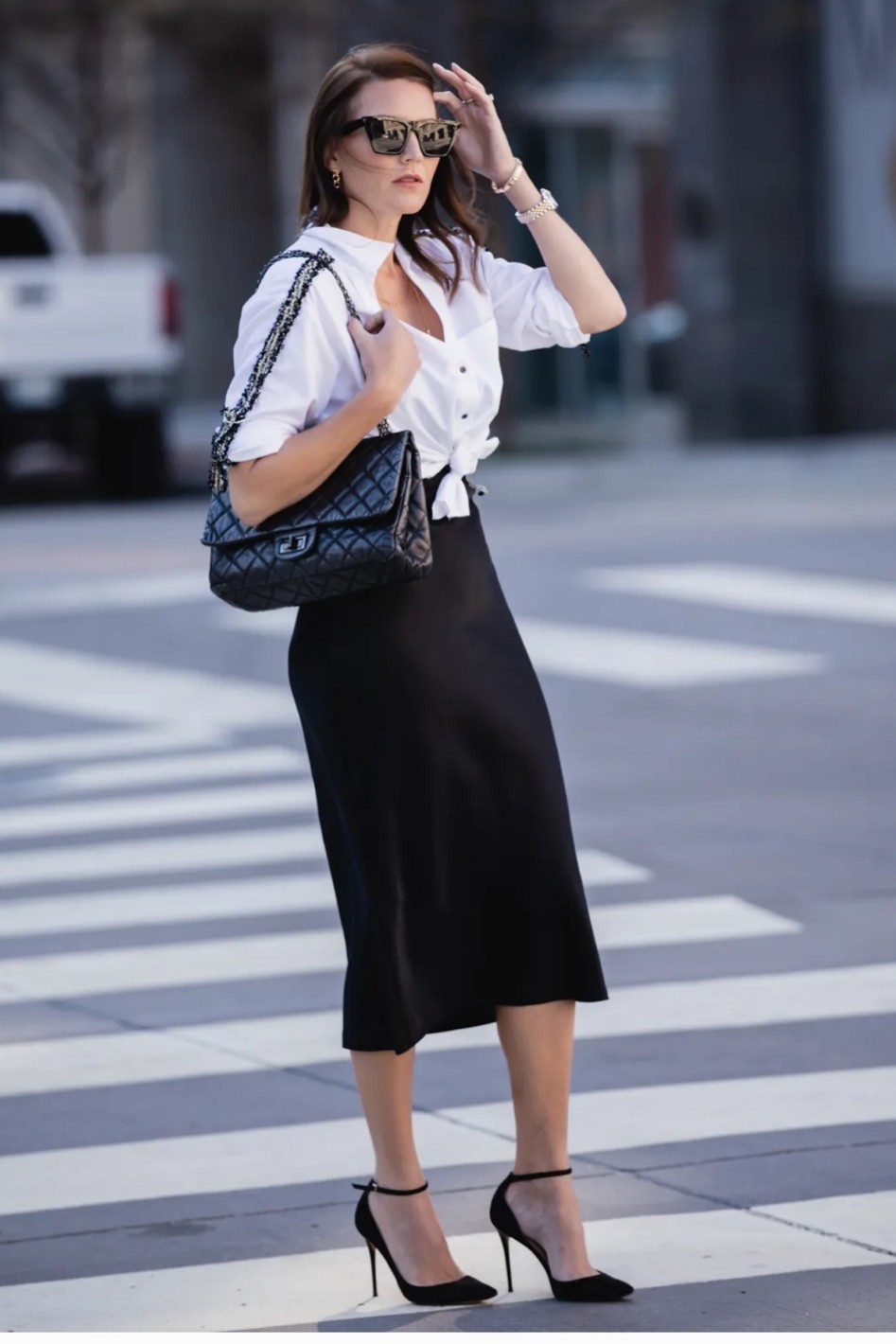 Black slip dress + white button up, black pumps 

#LTKstyletip #LTKworkwear #LTKSeasonal