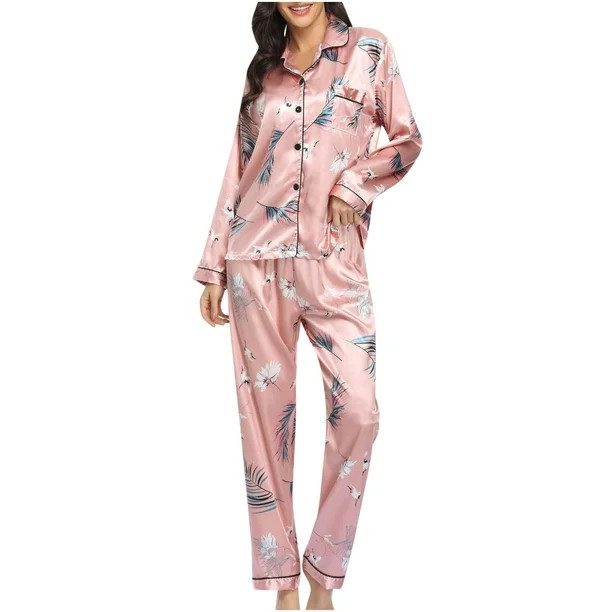 Women's Silk Satin Pajamas Casual Long Sleeve Lapel Button Down Tops and Wide Leg Pants Set Sleep... | Walmart (US)