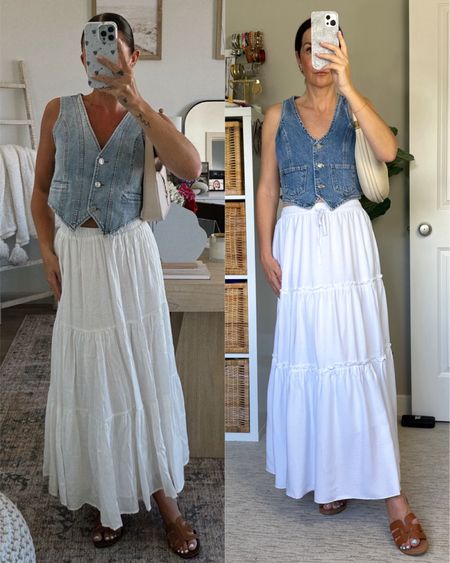 Easy summer Pinterest outfit! 
I’m 5’ 7 wearing my usual S in the tiered maxi skirt and denim vest, sandals fit narrow, I sized up 1/2.
My bag is a splurge but beautifully made and can be worn several ways with two different straps.
Also linked the denim joggers I wore at the beginning of the video, they fit tts.


#LTKShoeCrush #LTKStyleTip #LTKItBag