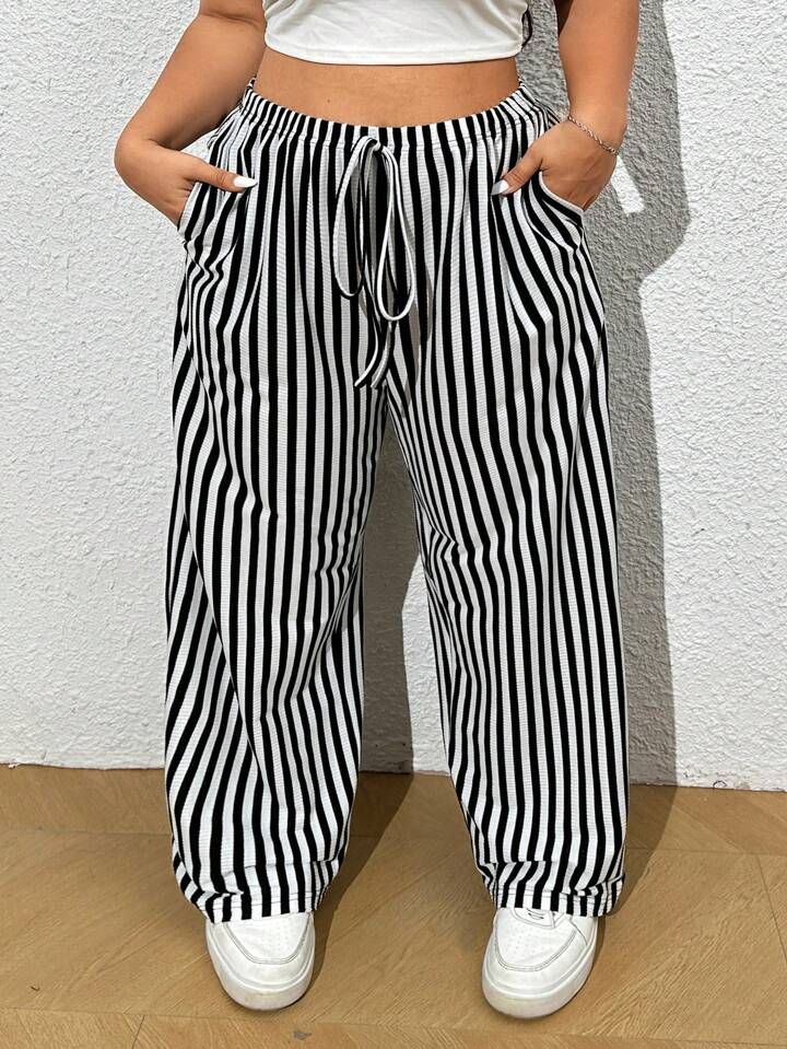 SHEIN EZwear Plus-Size Casual Knitted Striped Wide Leg Pants For Home Wear | SHEIN USA | SHEIN