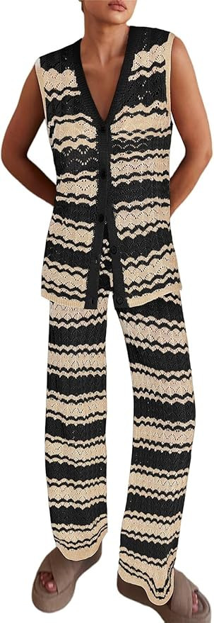 Imily Bela Womens Knit 2 Piece Sets Summer Outfits Sleeveless Vest Tops Wide Leg Pants Striped Lo... | Amazon (US)