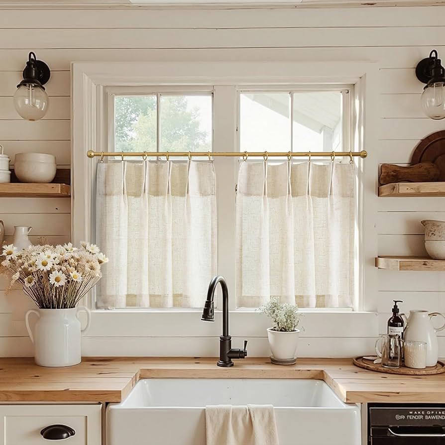 jinchan Linen Pinch Pleated Kitchen Curtains 30 Inch 2 Panels, Natural Linen Tier Curtains Back T... | Amazon (US)