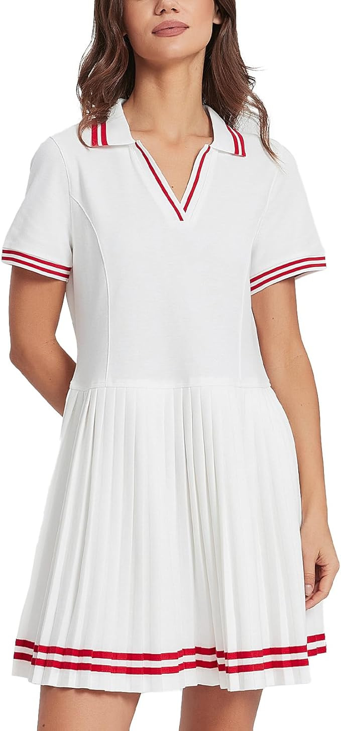 D-SUN Women's Tennis Dress 2026 Contrast Stripes Polo V Neck Sleeveless Athletic Unlined Golf Wor... | Amazon (US)