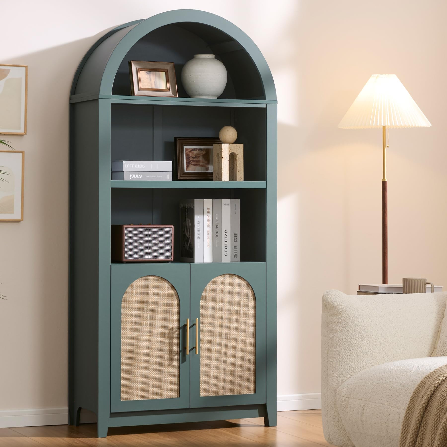 Rattan Arched Cabinet Bookshelf - 69.3” Tall Mid Century Display Cabinet, Rounded Bookcase with... | Amazon (US)