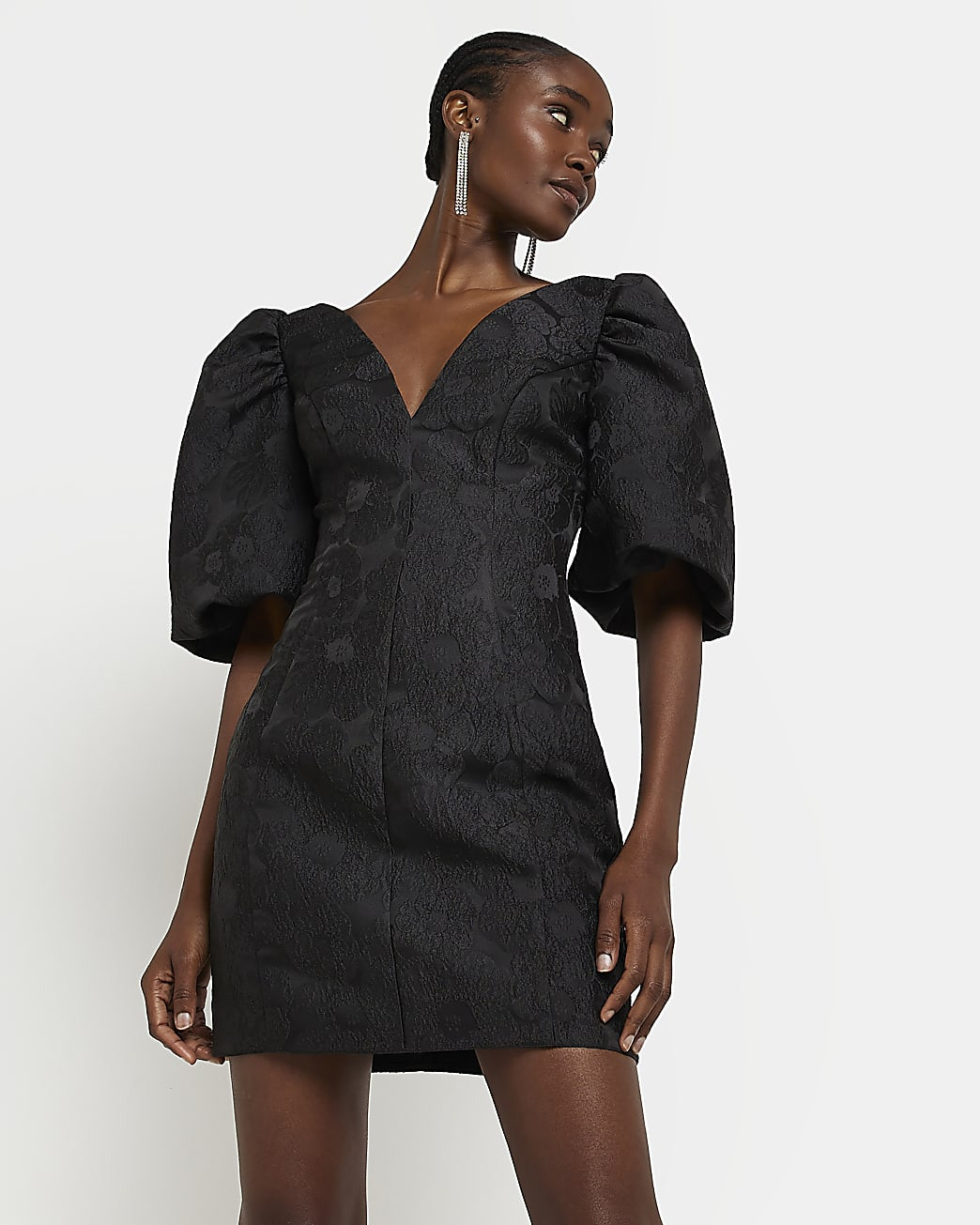 Black puff sleeve mini dress | River Island (US)