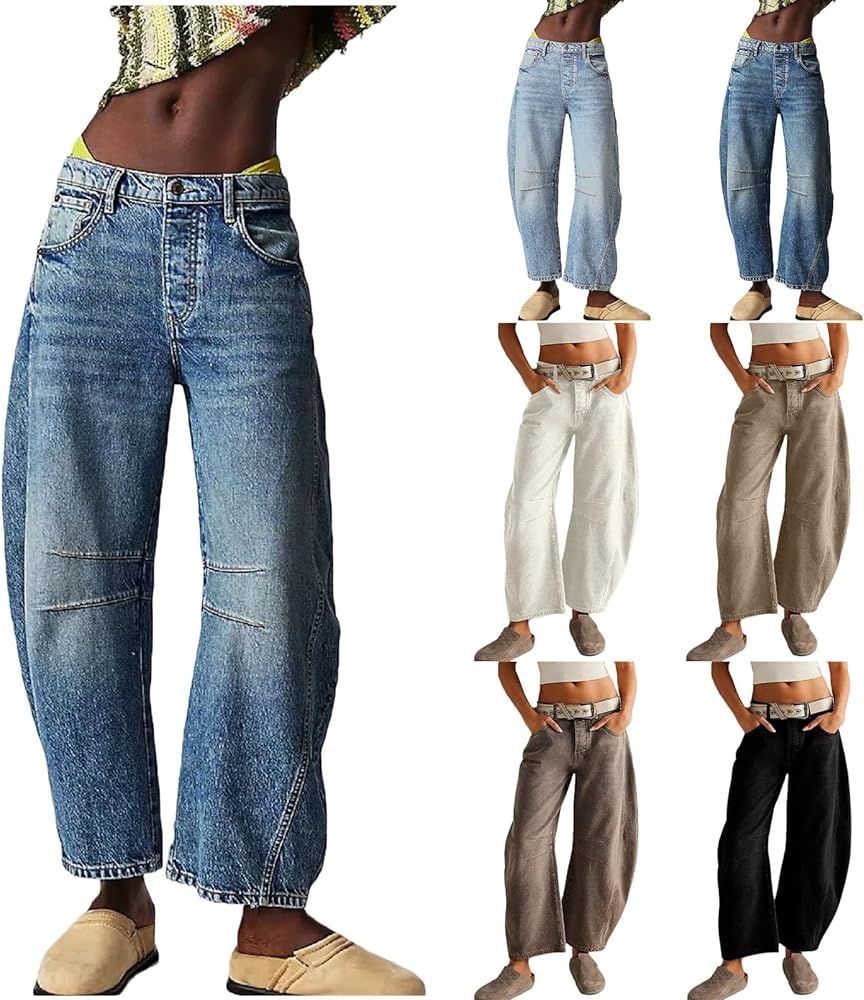 Women Mid-Rise Barrel Jeans Vintage Baggy Jeans Loose Wide Leg Jeans Straight Leg Cropped Jeans B... | Amazon (US)