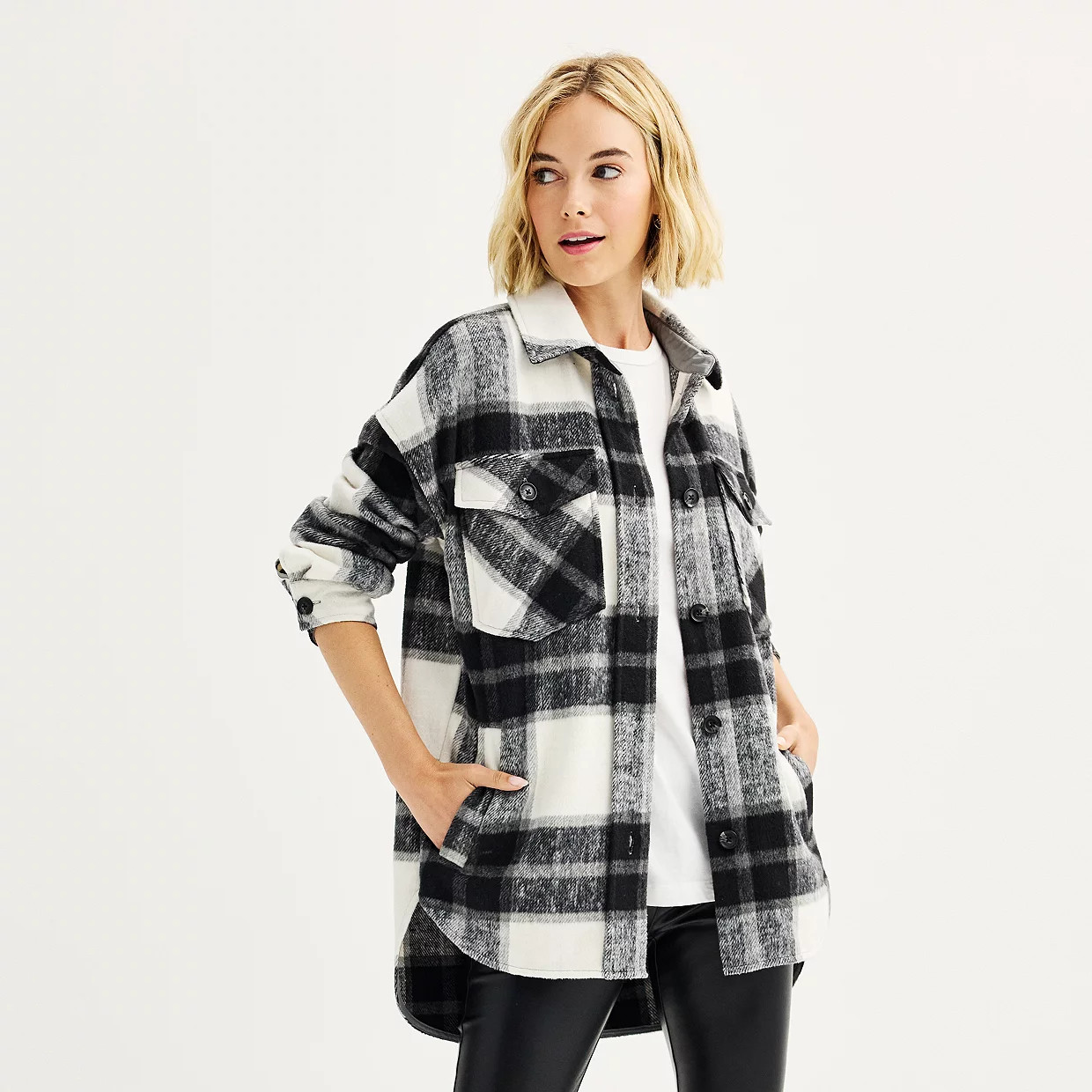 Juniors' SO® Oversized Plaid Shacket | Kohl's