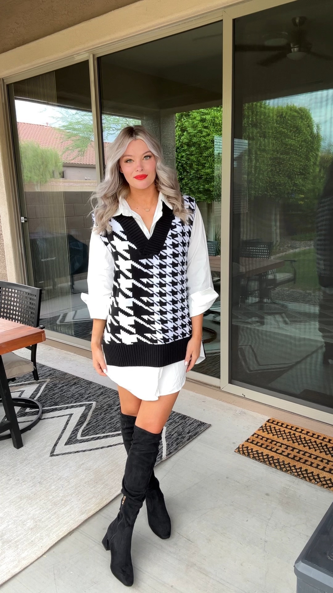 Transition to Fall. Sweater Vest. Button Down Dress. Fall Style. Argyle. Knee High Boots. Black and White. Intro to Fall. Amazon. Amazon Fashion  

#LTKstyletip #LTKunder100