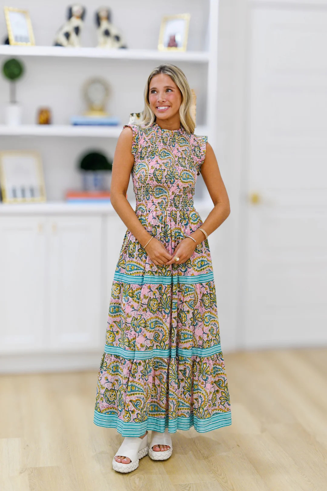 Lily Smocking Tier Maxi Dress -Pink/Green | Fancyd Boutiqe