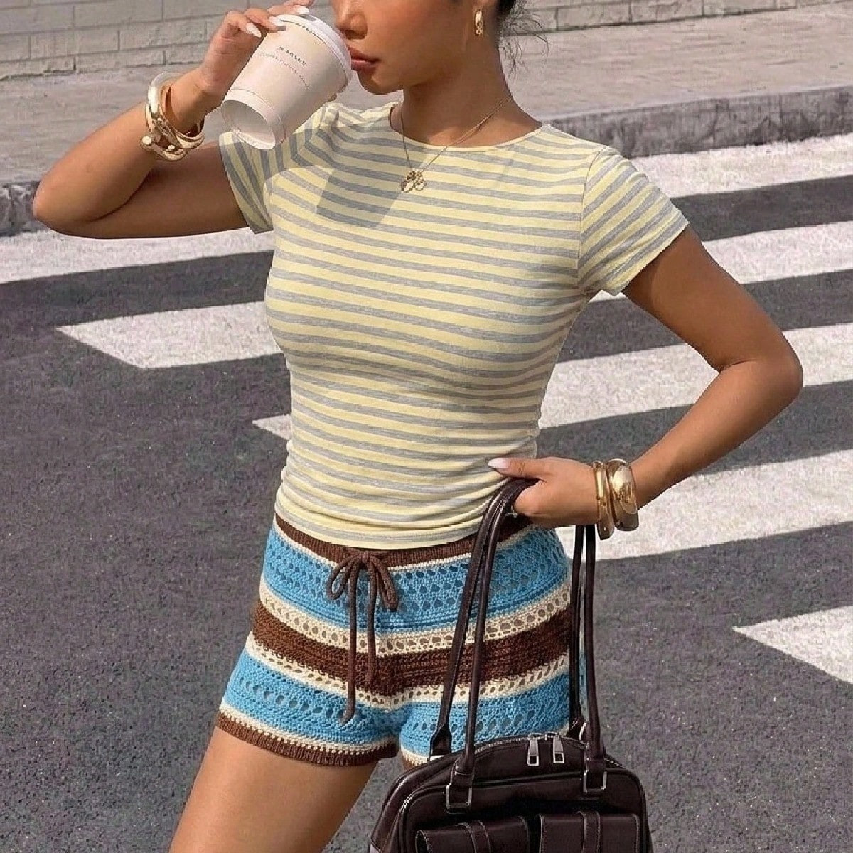 CovetEZ Casual Minimalist Sexy Off-Shoulder Cream Yellow Striped Short Sleeve T-Shirt, Suitable For Spring And Summer, Cream Yellow Stripes Make You Look More Radiant T Shirts For Ladies T Shirts For Women Striped T Shirt Tee Shirts For Women T Shirts For Summer,Summer Top | SHEIN
