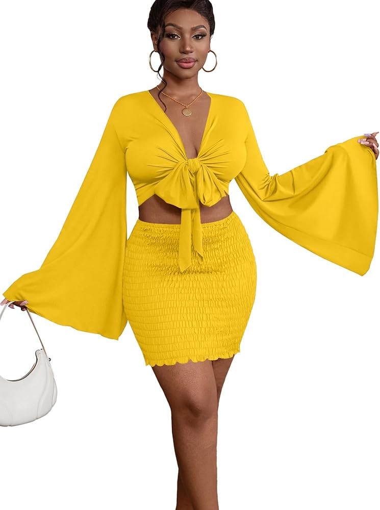 LYANER Women 2 Piece Vacation Outfits Tie Knot Front Bell Long Sleeve Crop Top and Mini Skirt Sum... | Amazon (US)