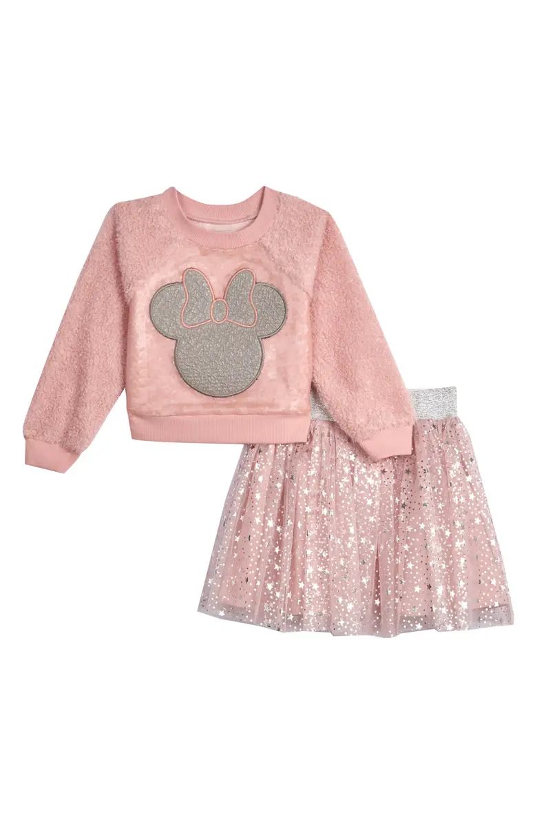 x Disney Minnie Mouse Faux Shearling & Sequin Sweatshirt & Tutu Skirt Set | Nordstrom