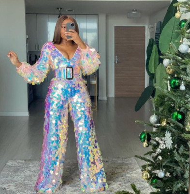 Iridescent Full Sequin Jumpsuit Mermaid Festival Long Sleeve One Piece W/ Belt | eBay US