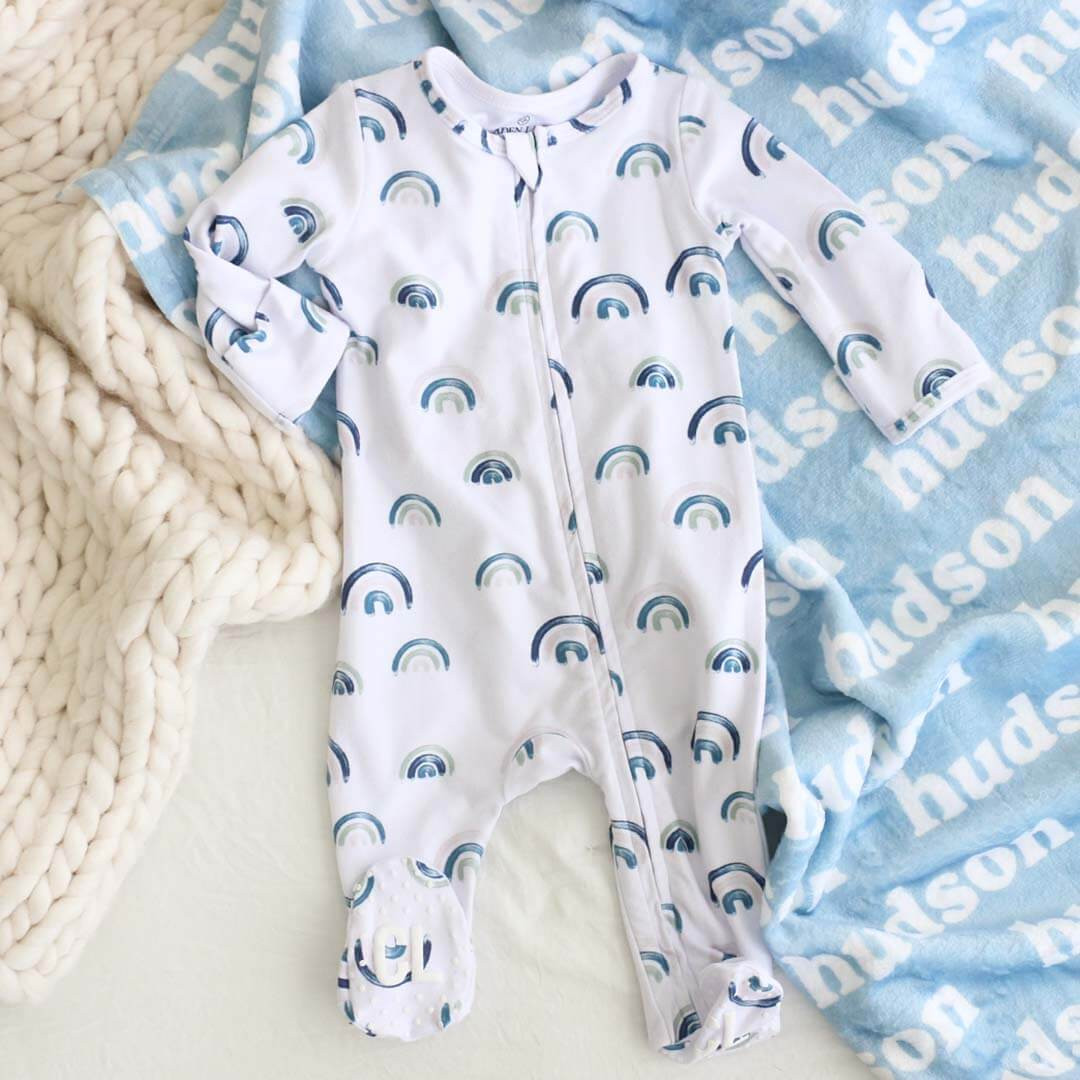 Brooks' Blue Rainbows Zipper Footie | Caden Lane
