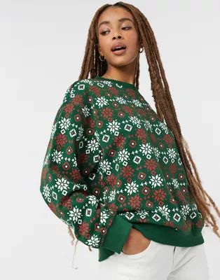 Monki Nana organic cotton blend Christmas fairisle print sweater in green | ASOS (Global)
