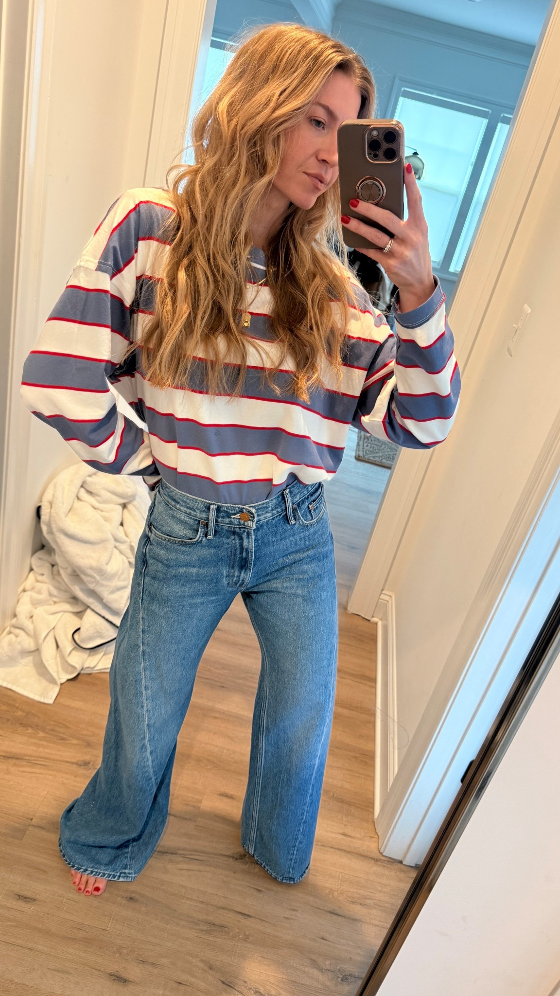 Full outfit linked.
Striped top: wearing XS, runs HUGE. 
Jeans: runs big, wearing my true size  

#LTKootd #LTKgrwm #LTKmomlife