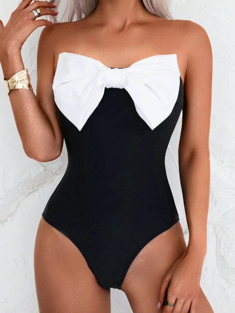 1pc Women's Elegant Solid Color Strapless Swimsuit With Detachable Strap & Oversized Bow Decor Su... | SHEIN