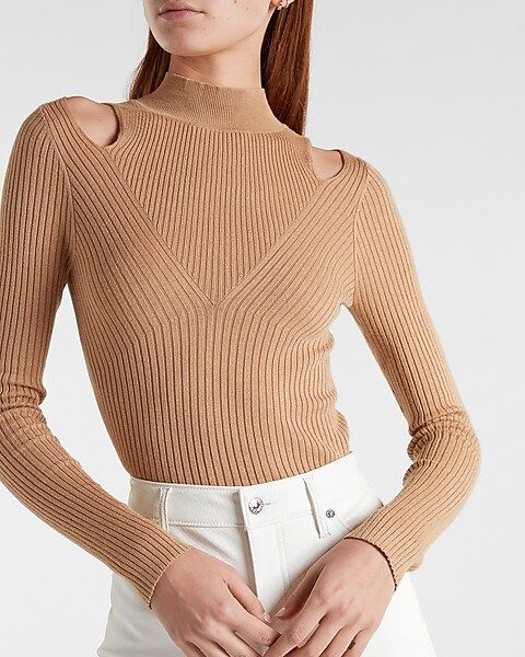 Ribbed Mock Neck Shoulder Cutout Sweater | Express