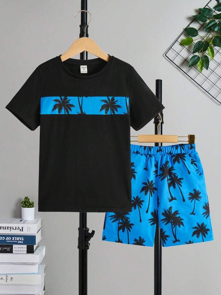 SHEIN Boy's Tropical Coconut Tree Print Round Neck Short Sleeve T-Shirt And Shorts Set For Vacati... | SHEIN