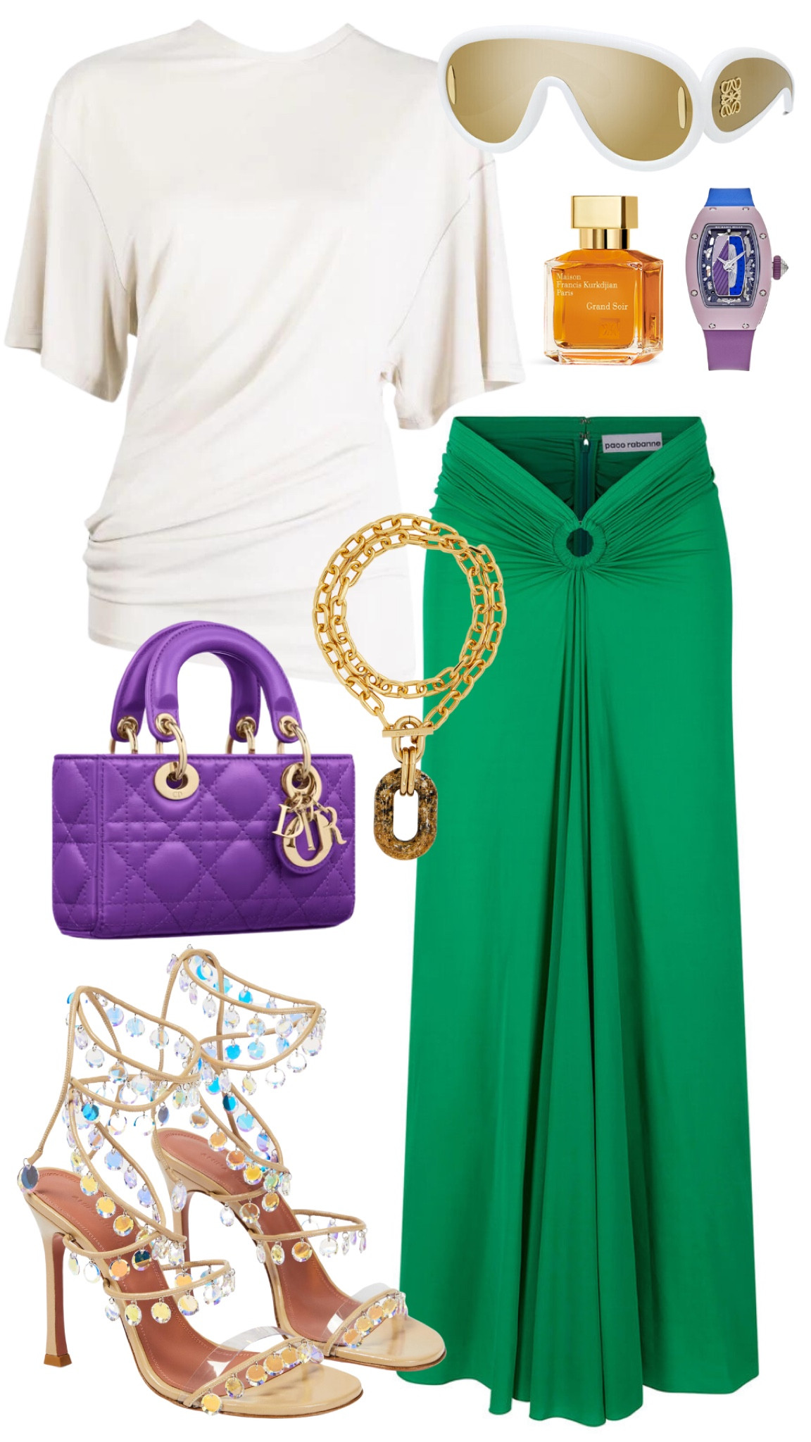 christopher esber top 
paco rabanne skirt 
amina muaddi heels 
dior djoy bag 
loewe sunglasses 
paco rabanne necklace 
richard mille watch 
MFK grand soir perfume 

#LTKFind #LTKstyletip #LTKshoecrush