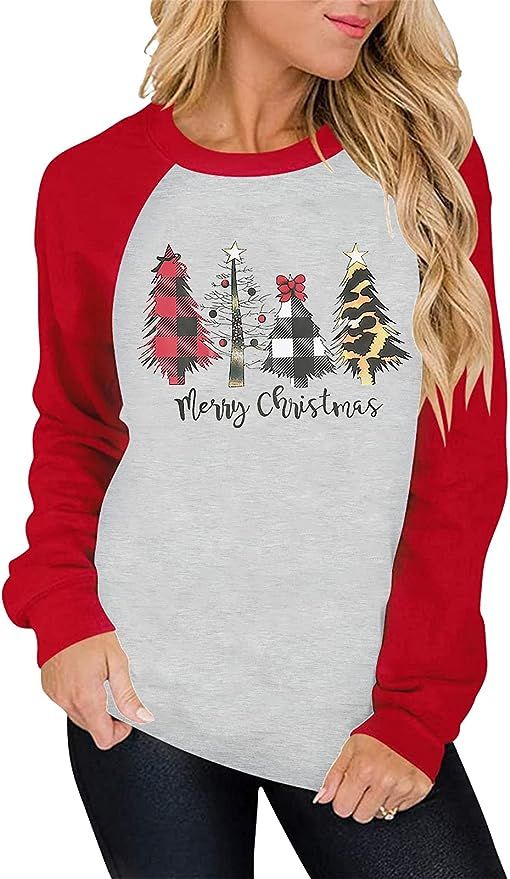 KIDDAD Merry Christmas Sweatshirt Shirt for Women Christmas Leopard Tree Graphic Long Sleeve Tees... | Amazon (US)