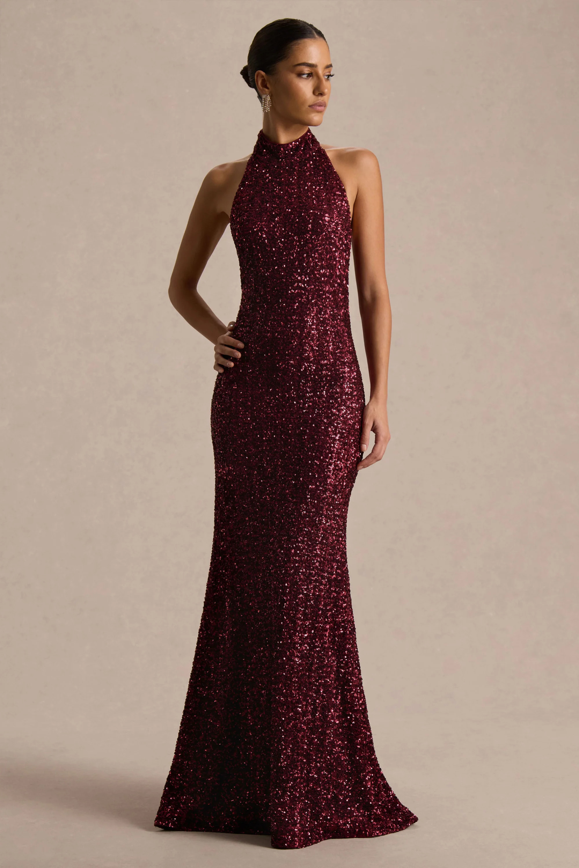 Tulia | Burgundy Sequin High-Neck Maxi Dress | Club L London