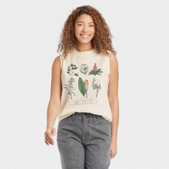 Women's Botanical Grid Muscle Graphic Tank Top - Off-White Floral | Target
