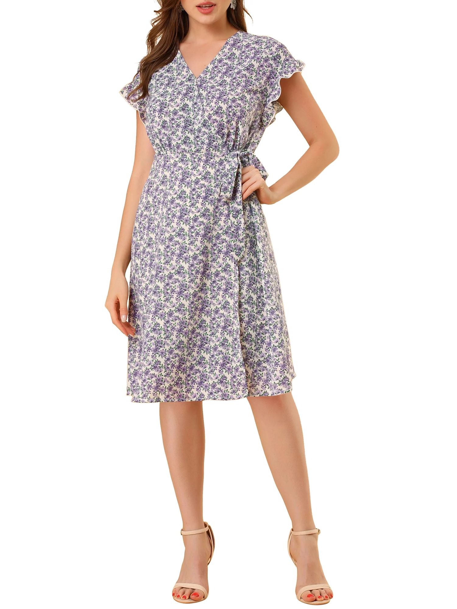 Allegra K Women's Floral V Neck Ruffled Flutter Sleeve Belt Wrap Midi Dress | Walmart (US)