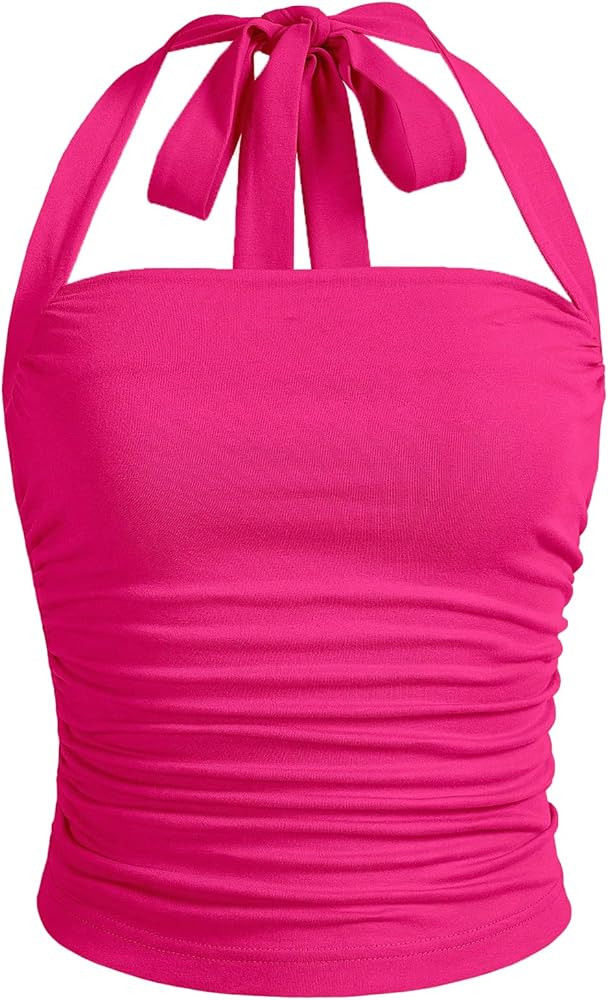 SOLY HUX Women's Y2K Ruched Halter Crop Top Cute Tie Back Sleeveless Slim Fit Cami Crop Tank Tops... | Amazon (US)