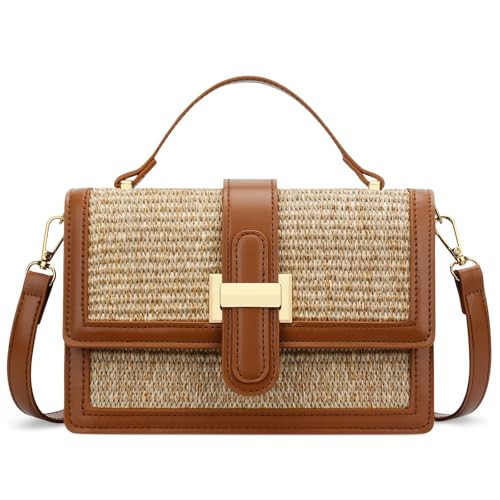 KKXIU Top Handle Straw Purse for Women, Summer Straw Crossbody Bag, Handbag Shoulder Clutch Beach Vacation Bag (A-Brown) | Amazon (US)